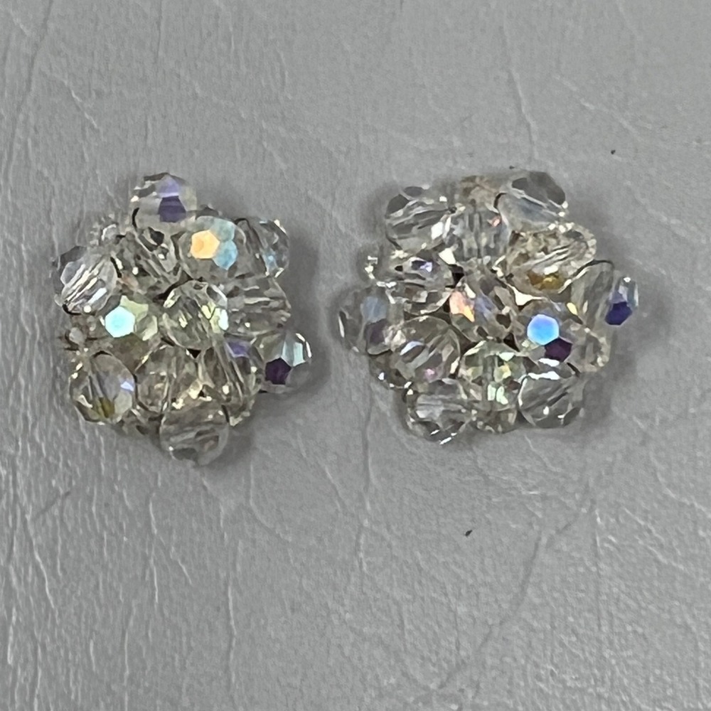 Vintage AB Crystal Clip On Earrings Silver‎ Tone Aurora Borealis Flower Button